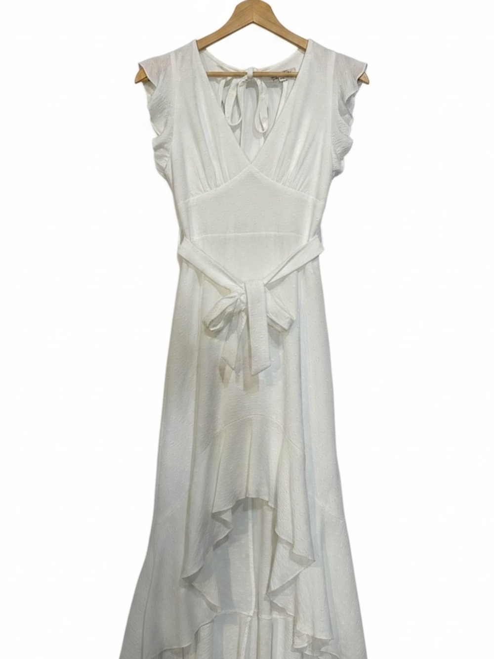 altar’d state off white florenzia Ruffle high low maxi belted dress